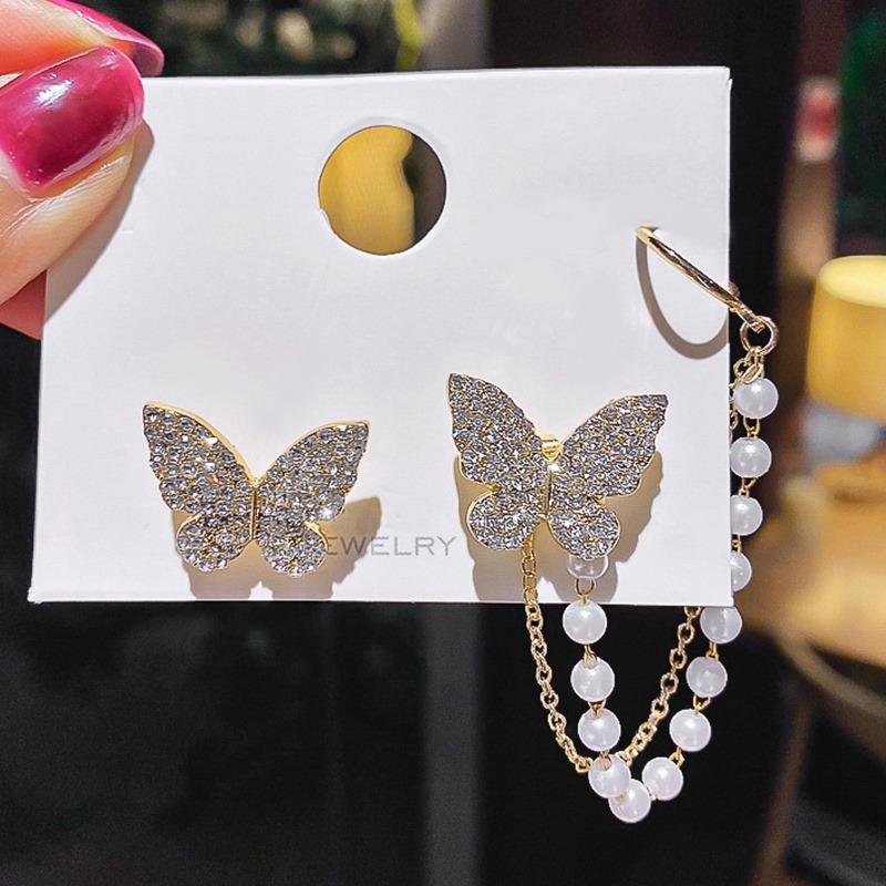 High sense of asymmetric butterfly pearl ear bone clip earrings all-in-one female super fairy tassel earrings