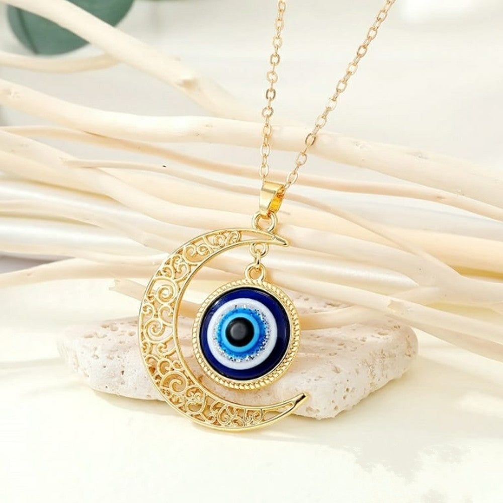 Gold Evil Eye Crescent Moon Pendant Necklace