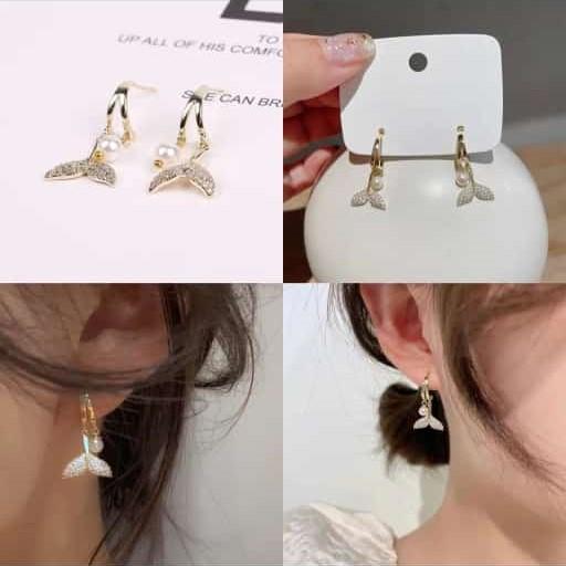 Cubic Zirconia Fishtail & Faux Pearl Decor Drop Earrings