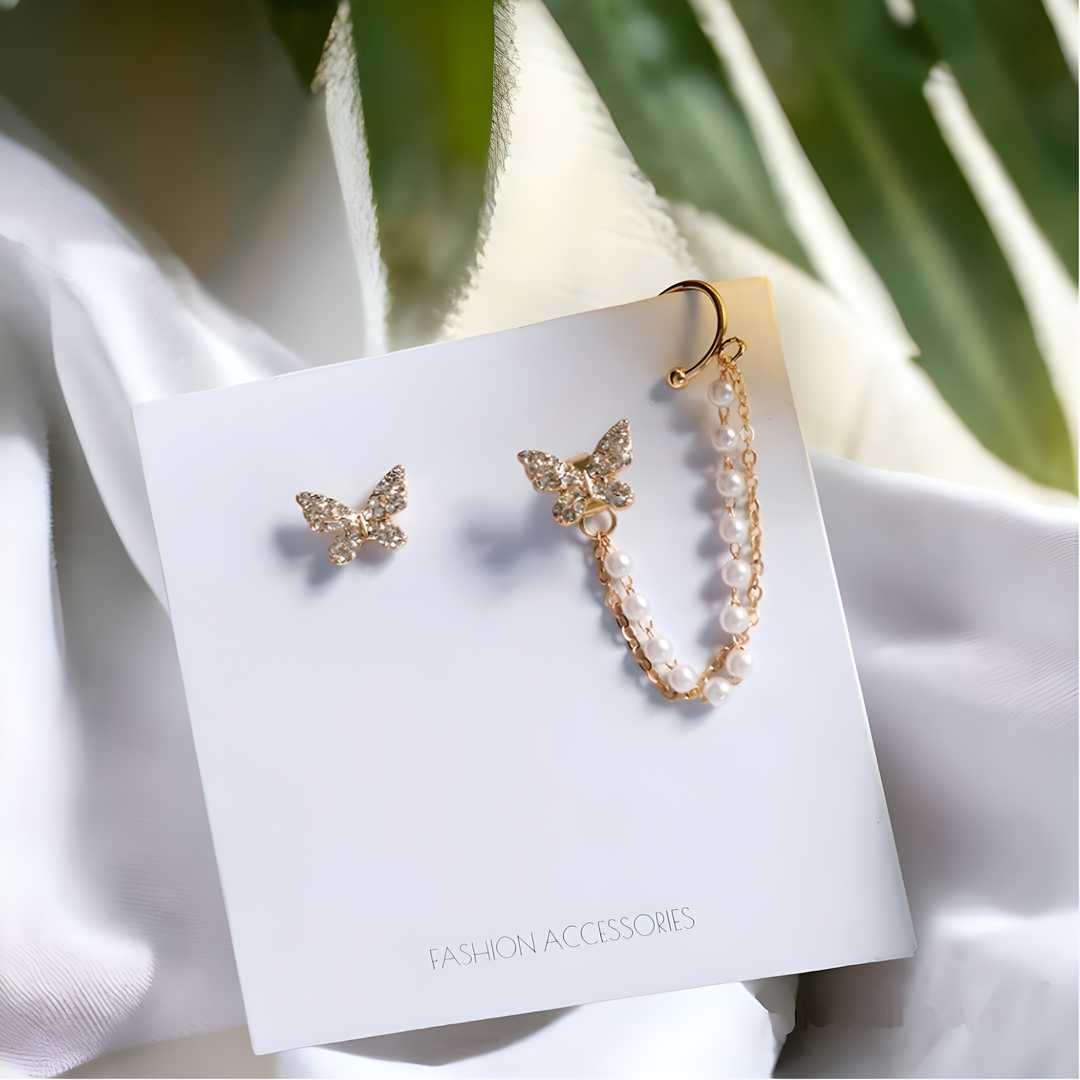 High sense of asymmetric butterfly pearl ear bone clip earrings all-in-one female super fairy tassel earrings